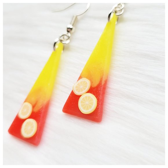 Strawberry Lemonade Earrings Yellow and Pinkish Red Lemon Dangle Earrings - Picture 5 of 10